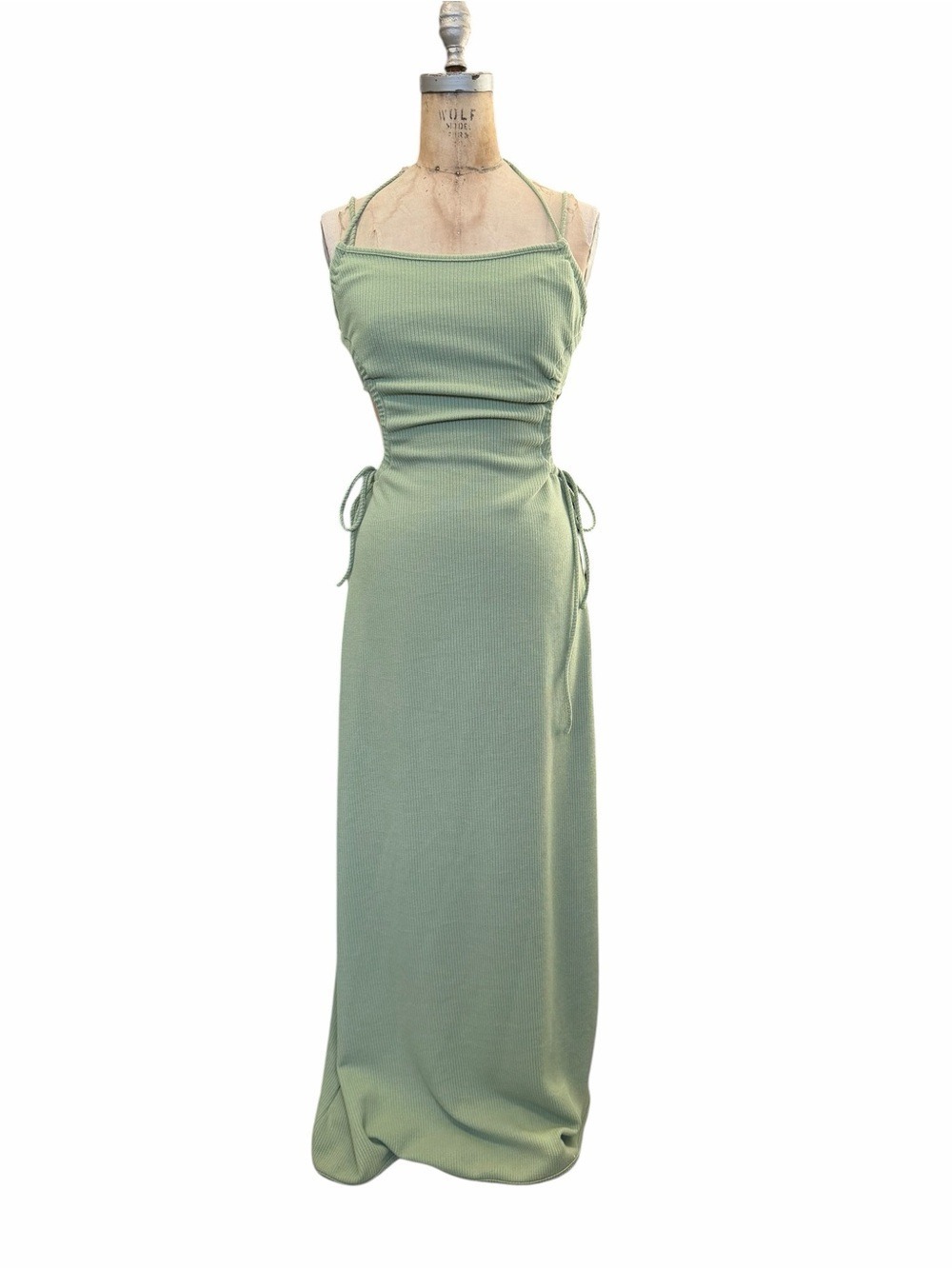 SABO Bella Ribbed Stretchy Halter Maxi Dress in Sage Green Size M Wedding Guest - Picture 2 of 8